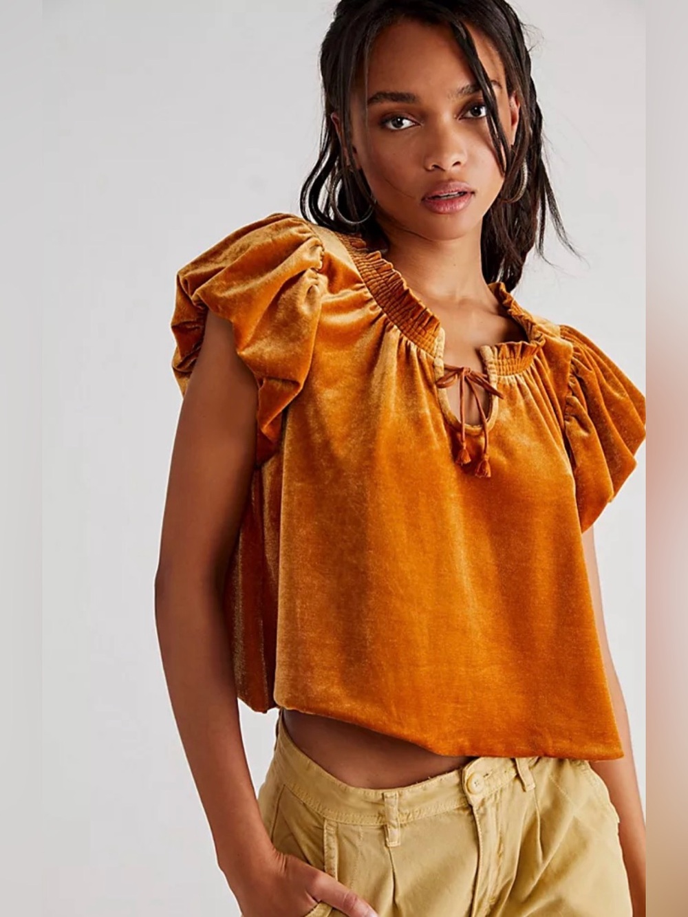 Free People Teressa Velvet Tie-Front Ruffle Sleeve Top in Mustard